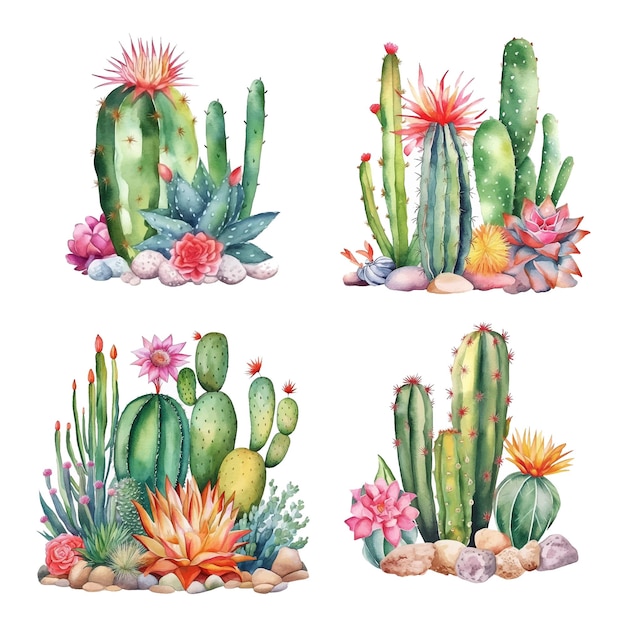 Cactus met bloem aquarel verf collectie