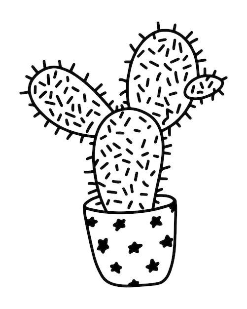 Cactus met naalden in een pot met sterren kamerplant interieur doodle cartoon lijn