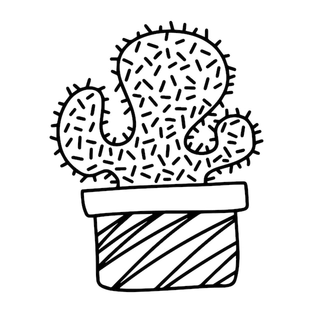 Cactus met naalden in een potplant voor interieur doodle lineaire cartoon