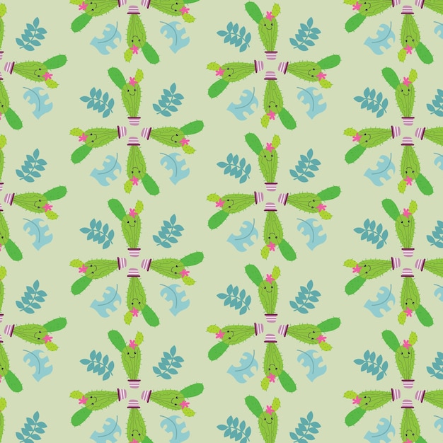 Cactus pattern with leaves around and soft green background