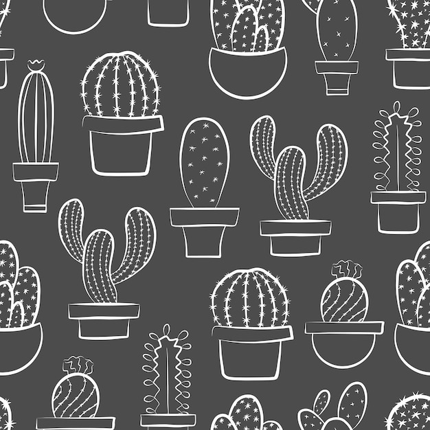 Vettore illustrazione vettoriale isolata di piante di cactus modello senza cuciture in bianco e nero disegno grafico semplice di contorno set di icone di fiori succulenti del deserto doodle