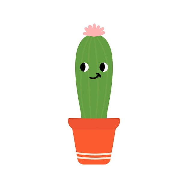 Cactus plant in pot with cute face Indoor plant in a flat style Vector illustration