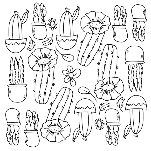 Vector cactus plants set with doodle line style vector