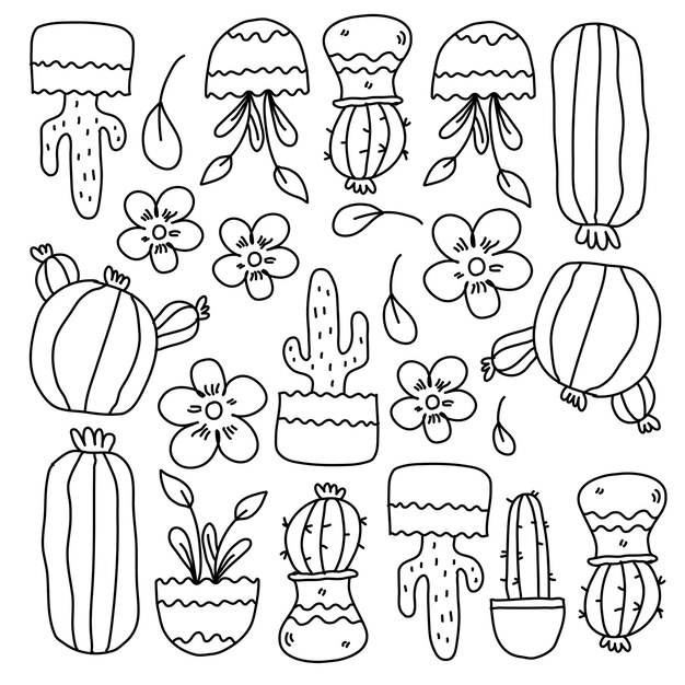 Vector cactus plants set with doodle line style vector