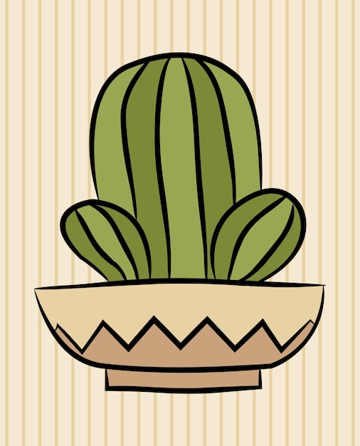 Cactus in pot. Black outline. Hand drawn style