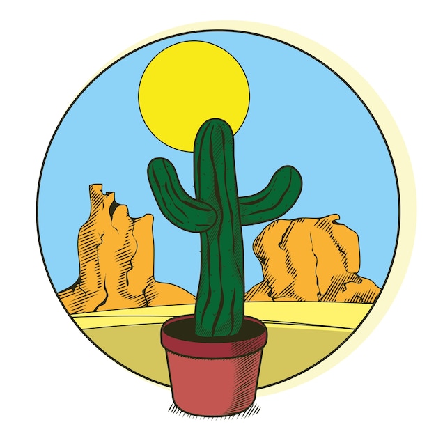 Vettore cactus in vaso sul deserto