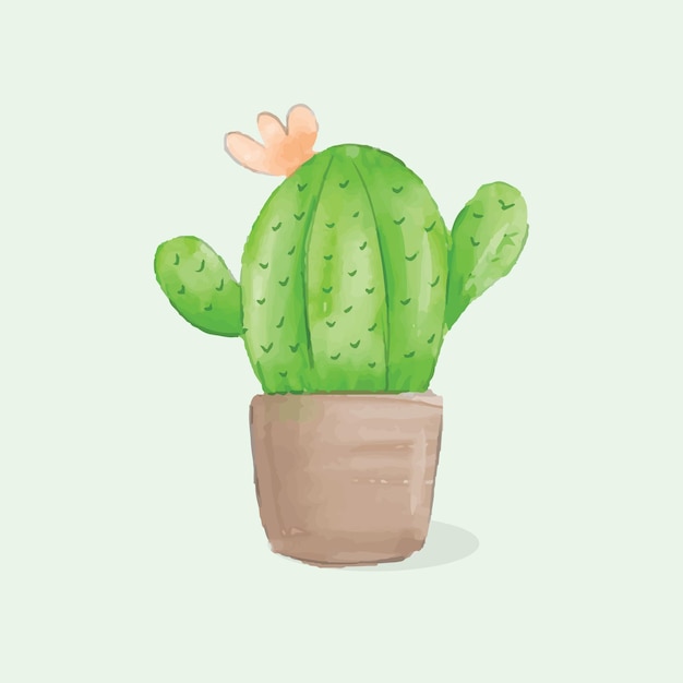 Cactus in pot watercolor on green background