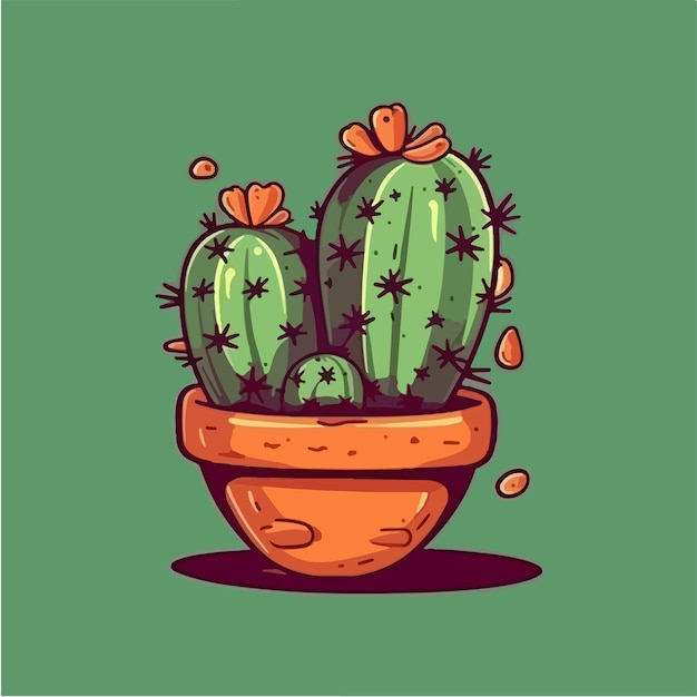 Cactus in a pot with red flowers on a green background vector art illustration