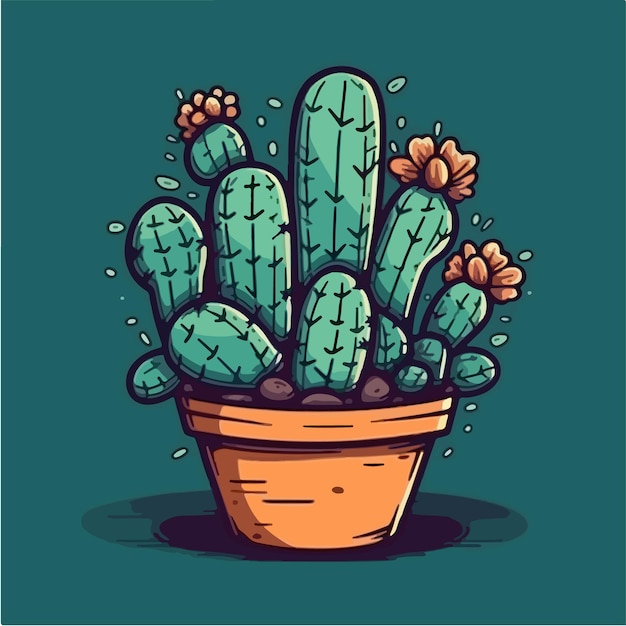 Cactus in a pot with red flowers on a green background vector art illustration