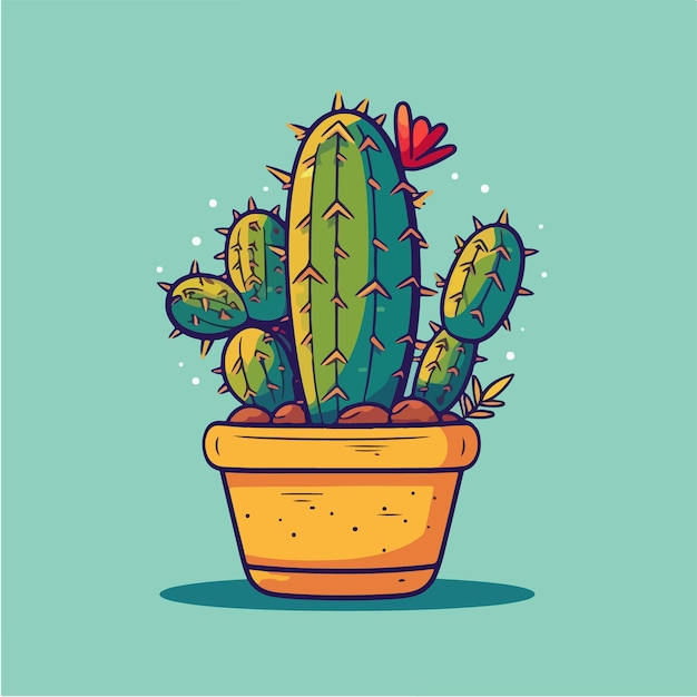 Cactus in a pot with red flowers on a green background vector art illustration