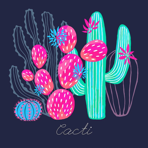 Cactus sappige wilde bloemen kleurrijke aquarel schets stijl afdrukken.