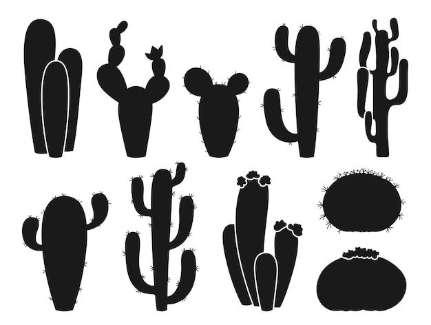 Cactus silhouet exotische set schaduw sappige planten woestijn vorm cactus postzegel afdruk gravure vector