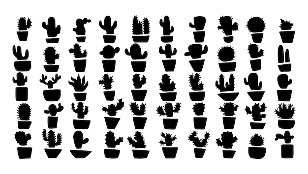 Cactus silhouette icon shape black white isolated vector collection