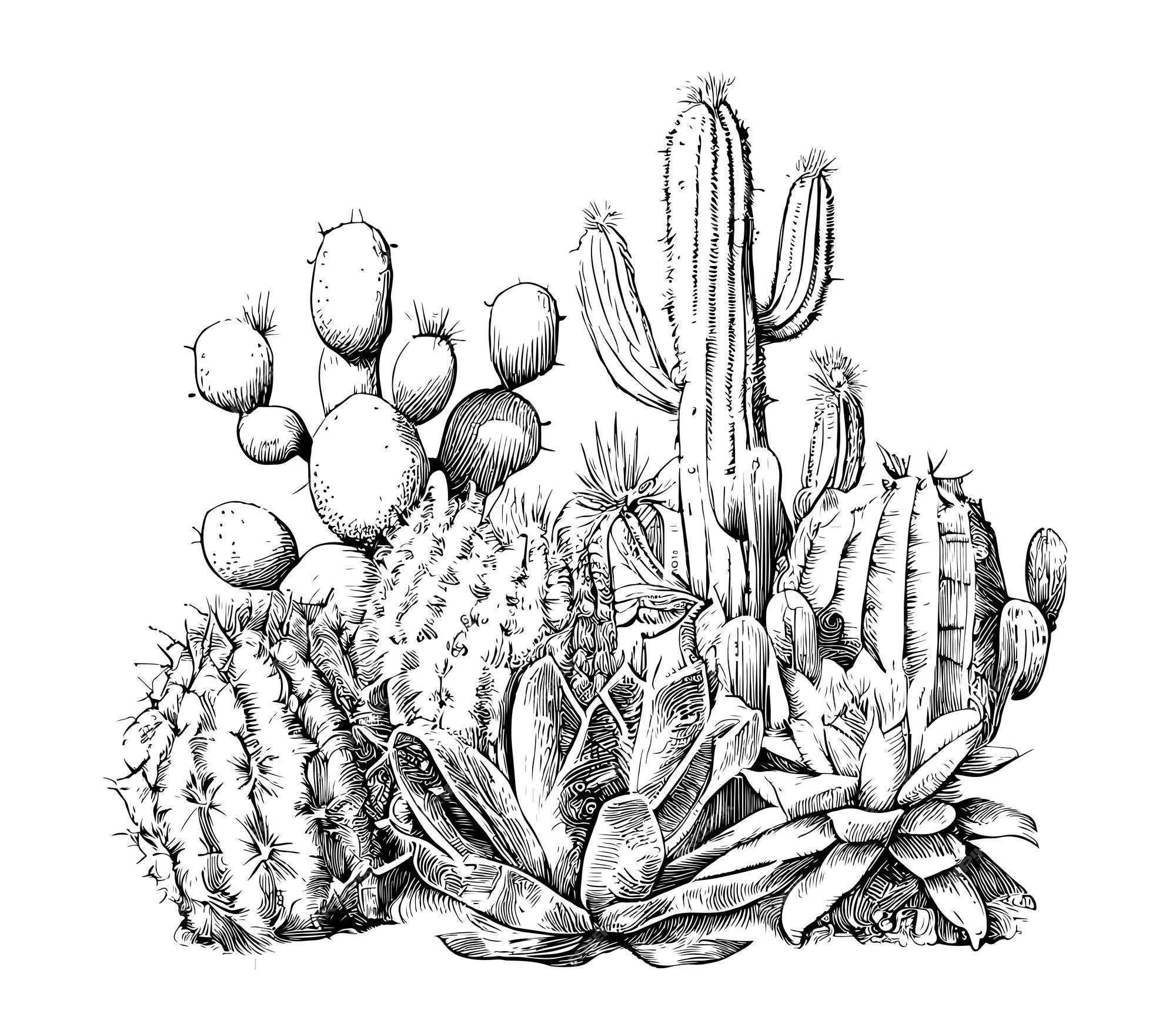 Premium Vector | Cactus sketch hand drawn engraving style line art ...