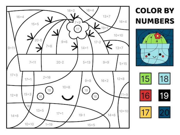 Cactus Solve the problem color the picture Addition Subtraction Coloring book Vector