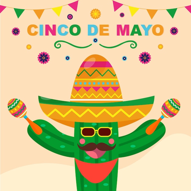 Cactus in a sombrero Mexico Cinco de Mayo holiday vector flat illustration