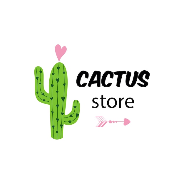 Testo del negozio di cactus simpatico logo divertente per il nome dell'azienda del negozio di fiori di cactus stampa vettoriale disegnata a mano