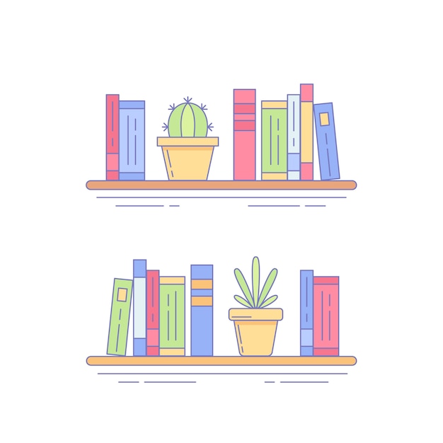 Vettore cactus, succulente su scaffale con libri