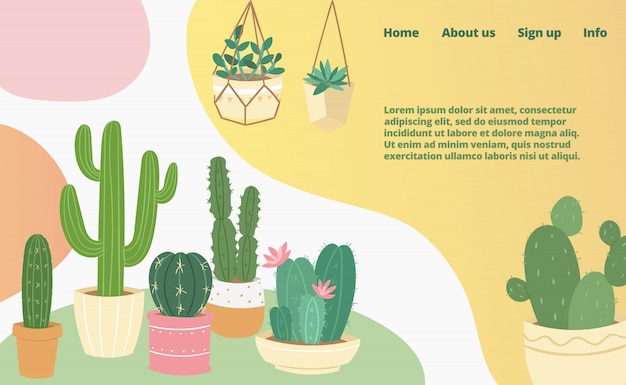 Cactus and succulents domestic collection landing web page, concept banner website template cartoon  illustration. website business page.