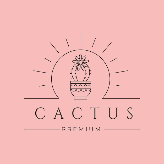 Cactus and sunburst line art logo vector symbol illustration design