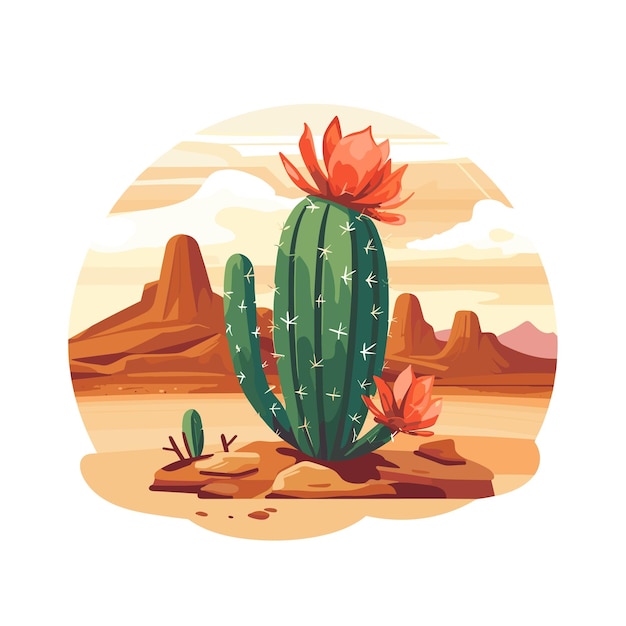 Cactus surrounded by desert scenery with a single flower in bloom Vector illustration