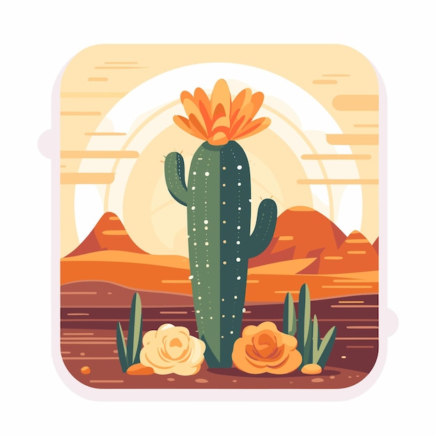 Vettore cactus circondato da uno scenario desertico con un unico fiore in fiore illustrazione vettoriale