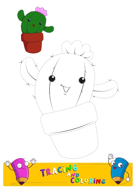 Практика рисования и раскрашивания линий кактуса для детей