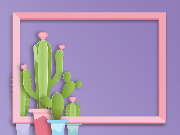 Cactus and tropical leaf with frame