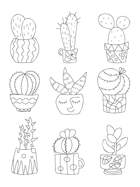 Cactus vetplanten potten set Leuke doodle eenvoudige handgetekende huisplanten Zentangle patroon bloempotten