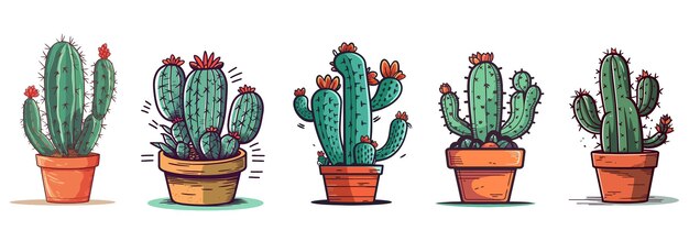 Cactus on a white background Set of beautiful cactus in a pots Vector illustration