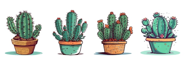 Cactus on a white background Set of beautiful cactus in a pots Vector illustration