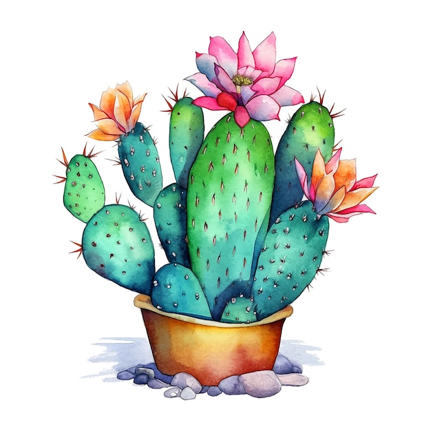 Cactus with flower watercolor paint collection