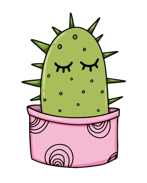 Cactus with games and closed eyes in a pot indoor plant for interior doodle line cartoon