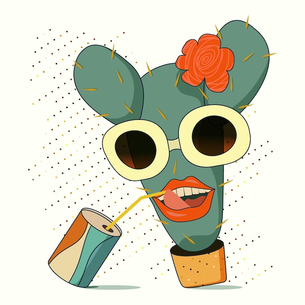 A cactus with glasses and a flower on it