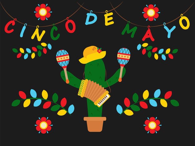 Cactus with maracas on a black background with flags and the inscription cinco de mayo