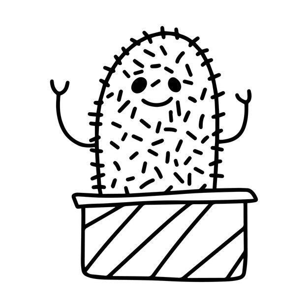 Cactus with needles eyes and mouth raised his hands up potted plant doodle linear cartoon