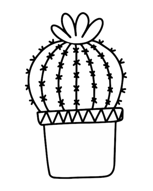 Vector cactus with needles and flower pot houseplant doodle line cartoon