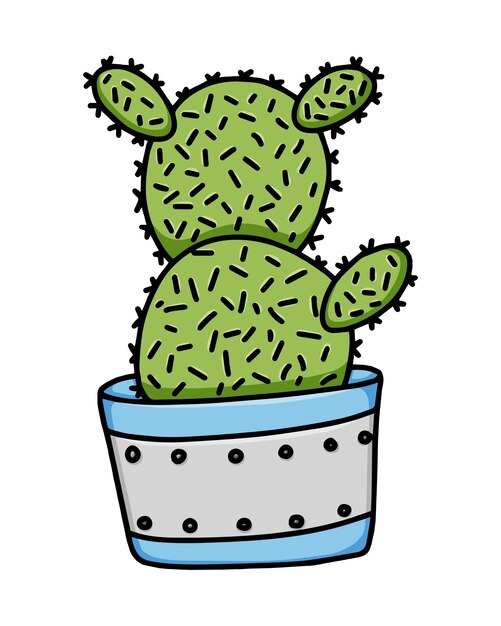 Cactus with needles in a pot plant for interior doodle linear cartoon