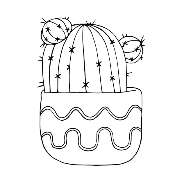 Vector cactus with needles in a pot room exotic plant for interior doodle linear cartoon