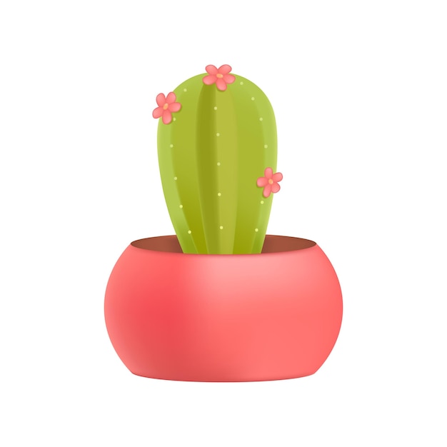 Vector cactus with pink flowers in pot 3d illustration