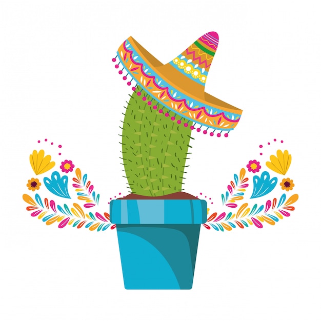 Cactus with pot and mexican hat icon