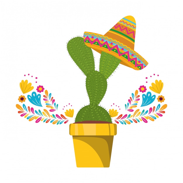 Cactus with pot and mexican hat icon