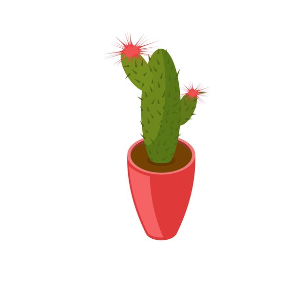 Cactus with red flower in red pot isometric illustration.