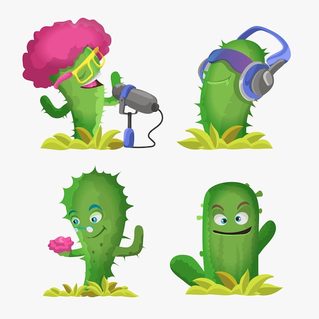 Cactus simpatici personaggi kawaii. piante con volti sorridenti. emoji divertenti, set di emoticon. illustrazione di colore del fumetto isolato.