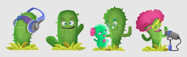 Кактусы милые векторные персонажи каваи Растения с улыбающимися лицами Кактус в наушниках Кактус поет пару кактусов и смешное лицо Забавный набор смайликов смайликов Изолированная цветная иллюстрация мультфильма