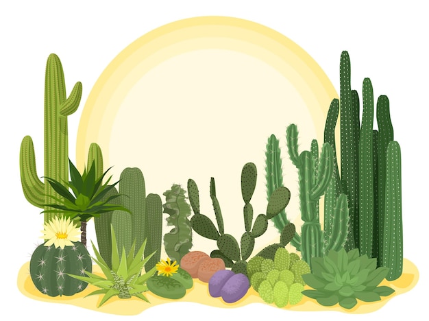 Aiuola di fiori di composizione piatta di cactus con diversi cactus contro l'alba o l'illustrazione di vettore dell'orizzonte del tramonto