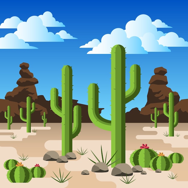 Vector cactuses in a rocky desert