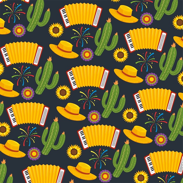 Vector cactusinstallaties met hoed en harmonikaachtergrond