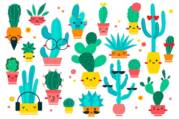 Cactussen doodle set. hand getrokken doodle patronen van verschillende shpae cactus botanische collectie mascottes karakter met blije gezichten op witte achtergrond. dessert en kamerplanten illustratie.