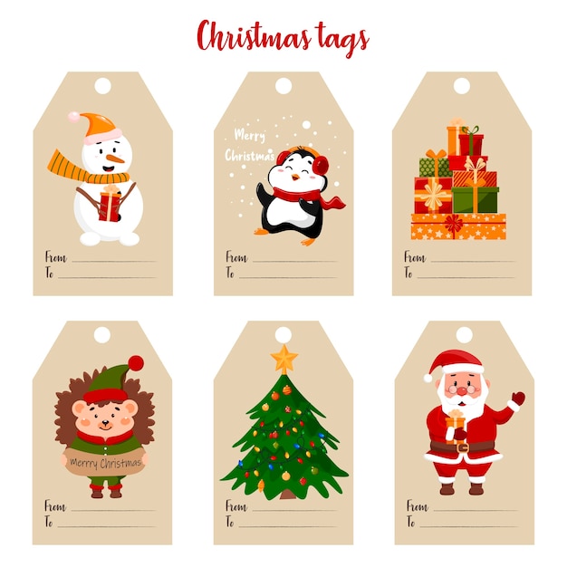 Cadeaukaartjes met verschillende karakterspinguin santa bull snowman egels and christmas tree